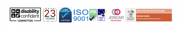 Komcept certification: Disability confident, cyber essentials certified, ISO 9001, ITCC Internatoinal, ASCB Accreditations Services Worldwide, JOSCAR registered, Armed Forces Covenant Bronze Award